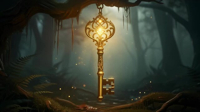 Mystical golden key glowing in dark enchanted forest with magical light and fantasy atmosphere