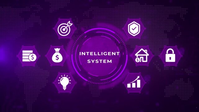 Futuristic digital infographic with financial and business in a hexagonal arrangement around a central glowing circle on a dark purple map background with blue grid lines