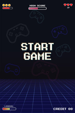 START GAME. Retro Futurism Sci-Fi Background. glowing neon grid and star from vintage arcade computer games