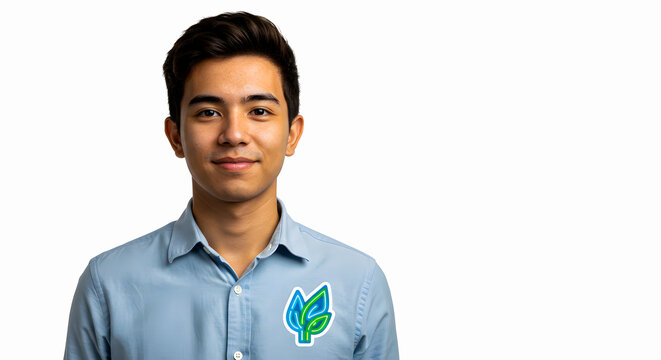 Young man wearing a collared shirt with a green leaf logo standing against a white background
