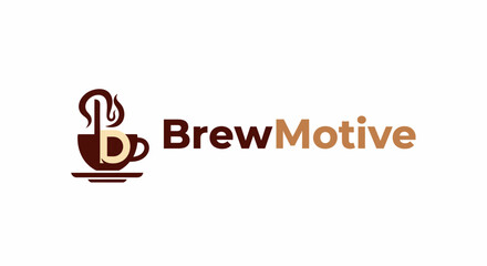 BrewMotive Logo with Stylized Coffee Cup and Steam Forming Letter B on Isolated White Background