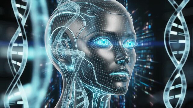 Futuristic artificial intelligence robot with DNA strands and digital data in cyber technology concept