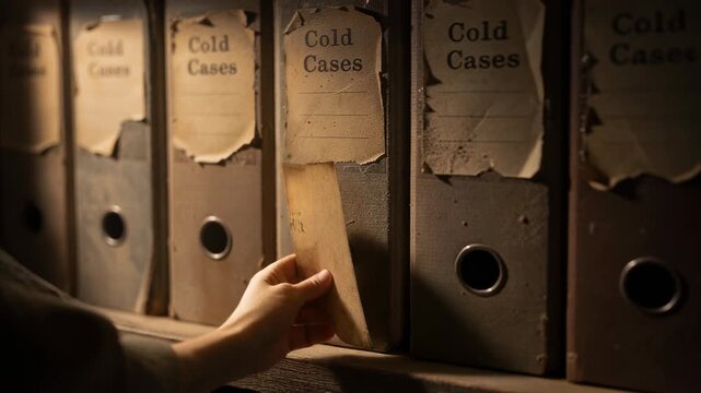 Vintage cold cases file folders on dusty wooden shelf in dim light for old archives and investigation