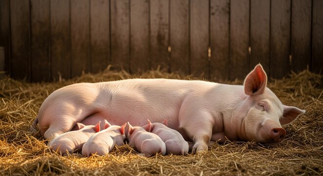Pig with piglets in straw.