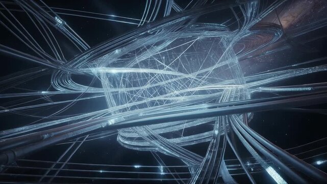 Futuristic glowing network of interconnected light trails in outer space with abstract technology design