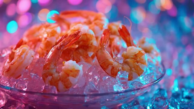 Delicious shrimp served on a bed of ice, with vibrant and colorful lighting