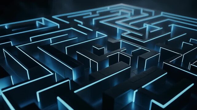 Futuristic glowing blue maze with dark walls and illuminated pathways representing digital technology and abstract design