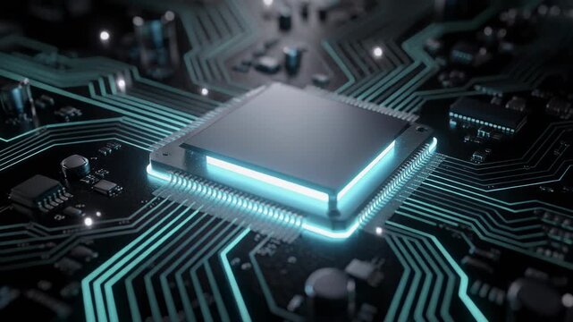 Close up of glowing computer processor chip on motherboard with futuristic circuit lines and electronic components
