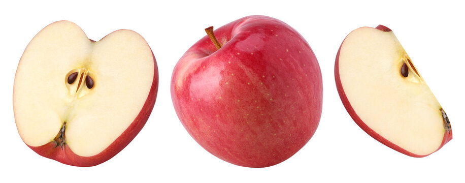 Fuji apple (pink apple), half and slices isolated, transparent PNG, cut out