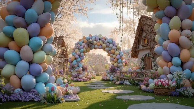 A whimsical Easter egg garden pathway with a cottage and arch. The scene depicts a delightful garden filled with large egg decorations, a charming pathway, and a cute cottage.