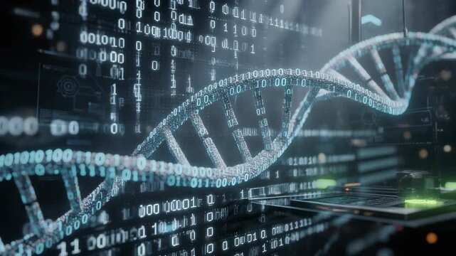 Digital DNA strand with binary code and futuristic technology background representing genetic data and biotechnology