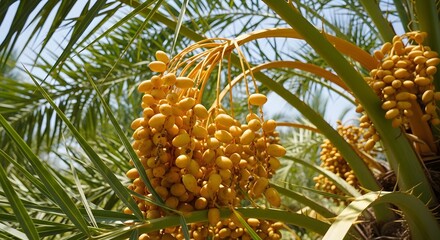 Ripe Dates Hanging from Palm Tree Branches in a Sunny Environment