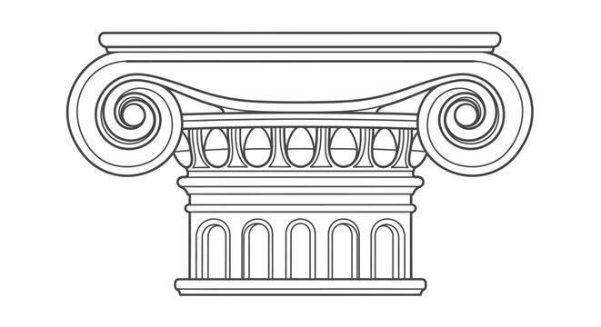 Outline Drawing of Ancient Ionic Column Capital, isolated white background.