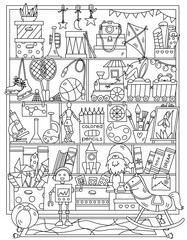 Obraz premium Shelves With Toys Art Supplies And Musical Instruments In Kids' Room And Adult Coloring Page