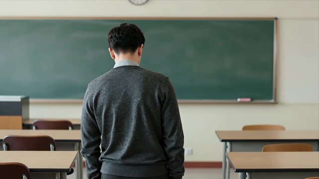 Backview Of Young Adult Male Standing Alone In Classroom Facing Blackboard During Daytime Educational Scene Suitable For Teaching Learning Concepts