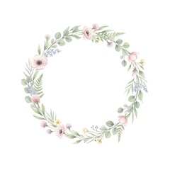 Obraz premium Beautiful floral wreath with pink flowers and green leaves on white background