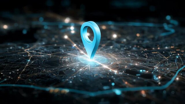 A Glowing Map Marker Indicating Location and Connectivity. The image features a bright blue map marker, glowing and hovering over a detailed digital map. It symbolizes location, navigation.