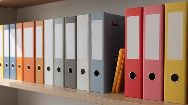 Colorful office binders neatly arranged on wooden shelf for organized workspace and document storage