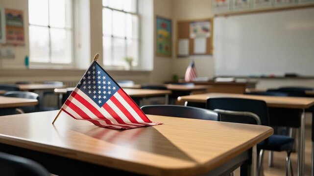 American flag on school desk in empty classroom with sunlight and educational background