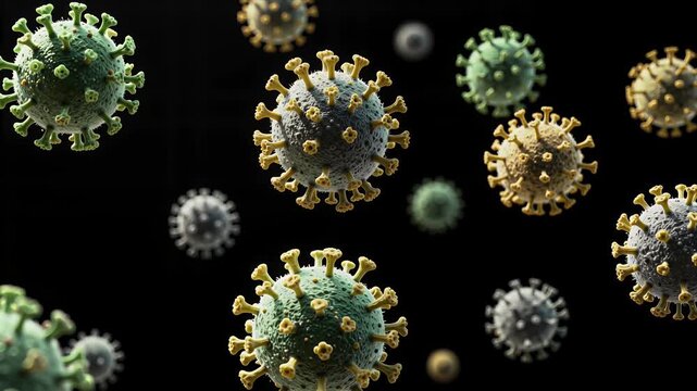 Floating Coronavirus Particles Drifting Against Black Backdrop In Detailed 3d Animated Visualization Ideal For Health Science Presentations