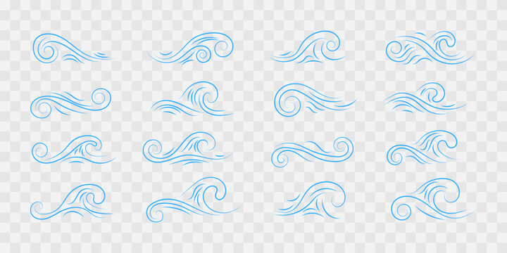 Set of vector line icons of blue sea waves in decorative swirl style isolated on transparent background. EPS 10