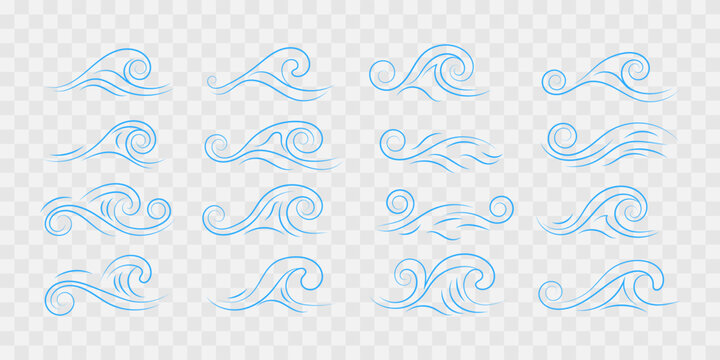 Set of elegant vector sea wave icons, blue decorative swirls and water strokes isolated on transparent background. EPS 10