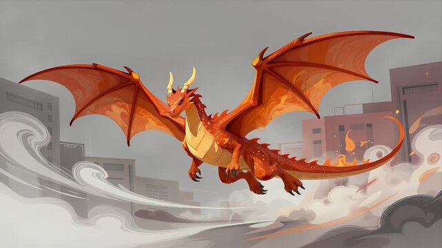 Majestic Orange Dragon Soaring Through Urban Skyline With Fiery Tail And Dynamic Wind Effects In Stylized Animated Scene