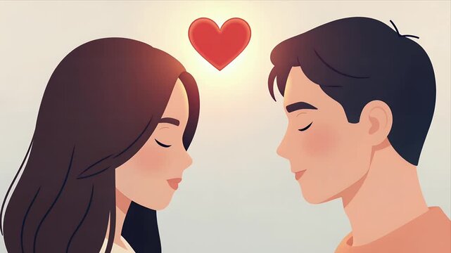 Romantic Animated Couple Facing Each Other With Glowing Heart Above Their Heads In Soft Pastel Tones Ideal For Love-Themed Visuals