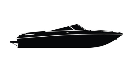 A sleek black outline of a powerboat is presented against a white background offering a striking silhouette high quality professional detailed © CreativeAkash099