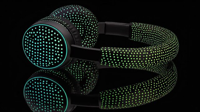 Modern headphones with a dot pattern design, with a glossy finish. It is on a black background and reflected