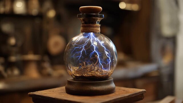 Inside a round glass bottle, lightning sparkles in a magical style.