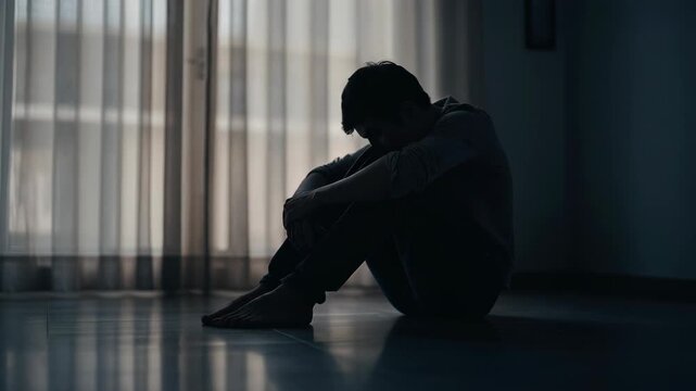 Silhouette of a young man sitting alone on the floor in a dimly lit room expressing sadness and loneliness
