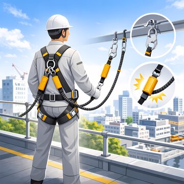 Construction Worker Using Full Body Safety Harness with Shock Absorbing Lanyard at Height