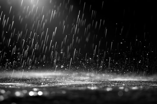 Dramatic heavy rain and water splash overlay on black background with backlight for cinematic storm effect