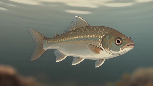 Serene Underwater Illustration Of Realistic Fish Swimming Gracefully Through Calm Aquatic Environment Rendered In Detailed Digital Art Style Ideal For Educational Or Natural Themes