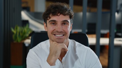 Portrait Caucasian happy business man smiling toothy healthy millennial male cheerful guy...