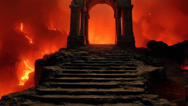 A creepy ancient stone arch in the middle of a fiery Apocalypse scene. A staircase leads to the demonic hell gate, surrounded by raging flames and lava.