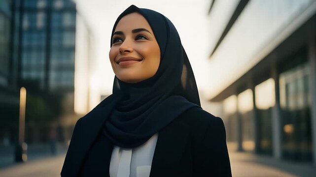 Confident Muslim Businesswoman Smiling in Modern Urban Setting Empowered Professional.