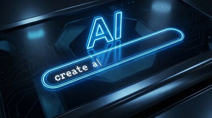 Obraz premium Conceptual Digital Interface Demonstrating Artificial Intelligence Creation, Featuring a Glowing Search Bar for Innovative Technology Development