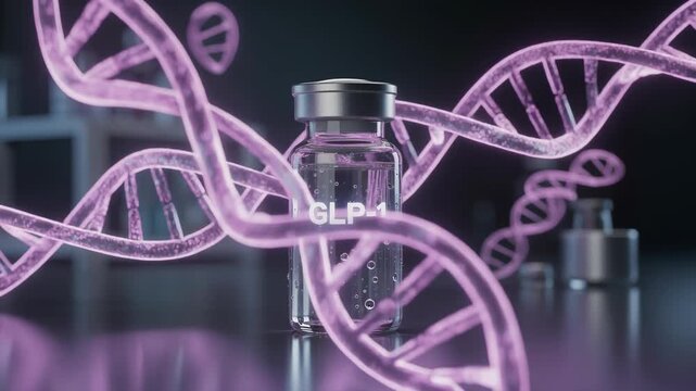 Close up of GLP-1 peptide vial with glowing DNA strands representing medical research and biotechnology