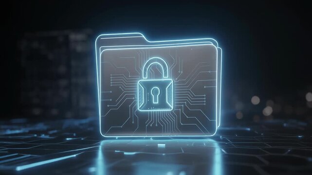 Digital security concept with glowing folder and padlock protecting data in futuristic cyber environment