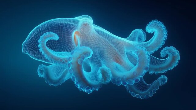 A neon-blue octopus rendered in a wireframe style, with a gradient-blue background