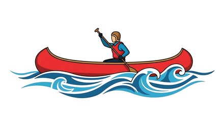 Fototapeta premium Person paddling a red canoe on stylized blue water waves