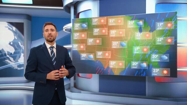 TV Live News Program With Male Weather Presenter Reporting Forecast Beside Digital Map. Television Cable Channel Mockup Broadcasting Playback for Newsroom Studio Screen Replacement Climate Segment.