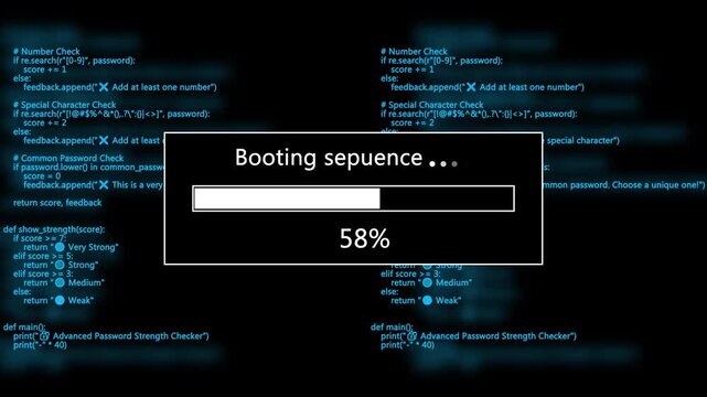 Computer screen displaying code and a loading bar for system boot