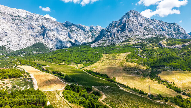 Spectacular aerial view of Croatian agricultural landscape with vineyards, olive groves and dramatic rocky mountain range under blue sky