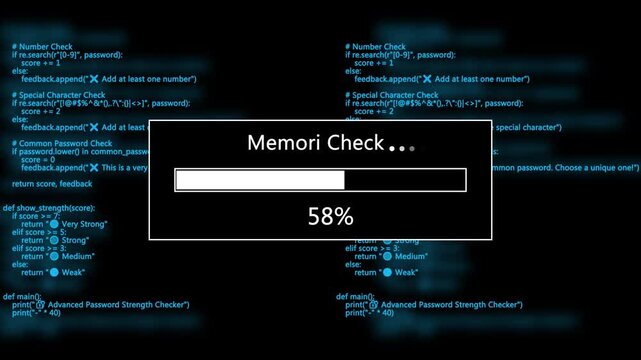 Computer screen showing code and a memory check loading bar
