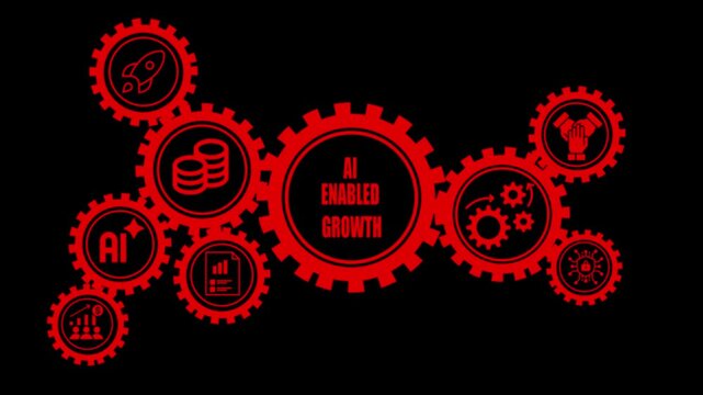 Red interconnected gears with representing AI enabled growth, rocket, coins, document, teamwork, and gears on a black background symbolizing business