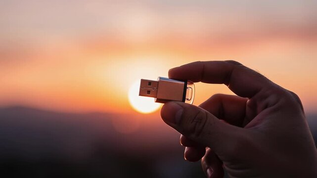 Hand holding USB flash drive with sunset background technology concept outdoors