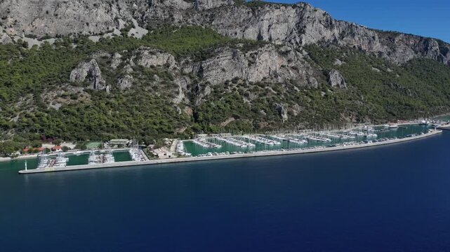 Drone Approaching &Ouml;ren Marina and Yacht Harbor in Fethiye Mugla Turkey